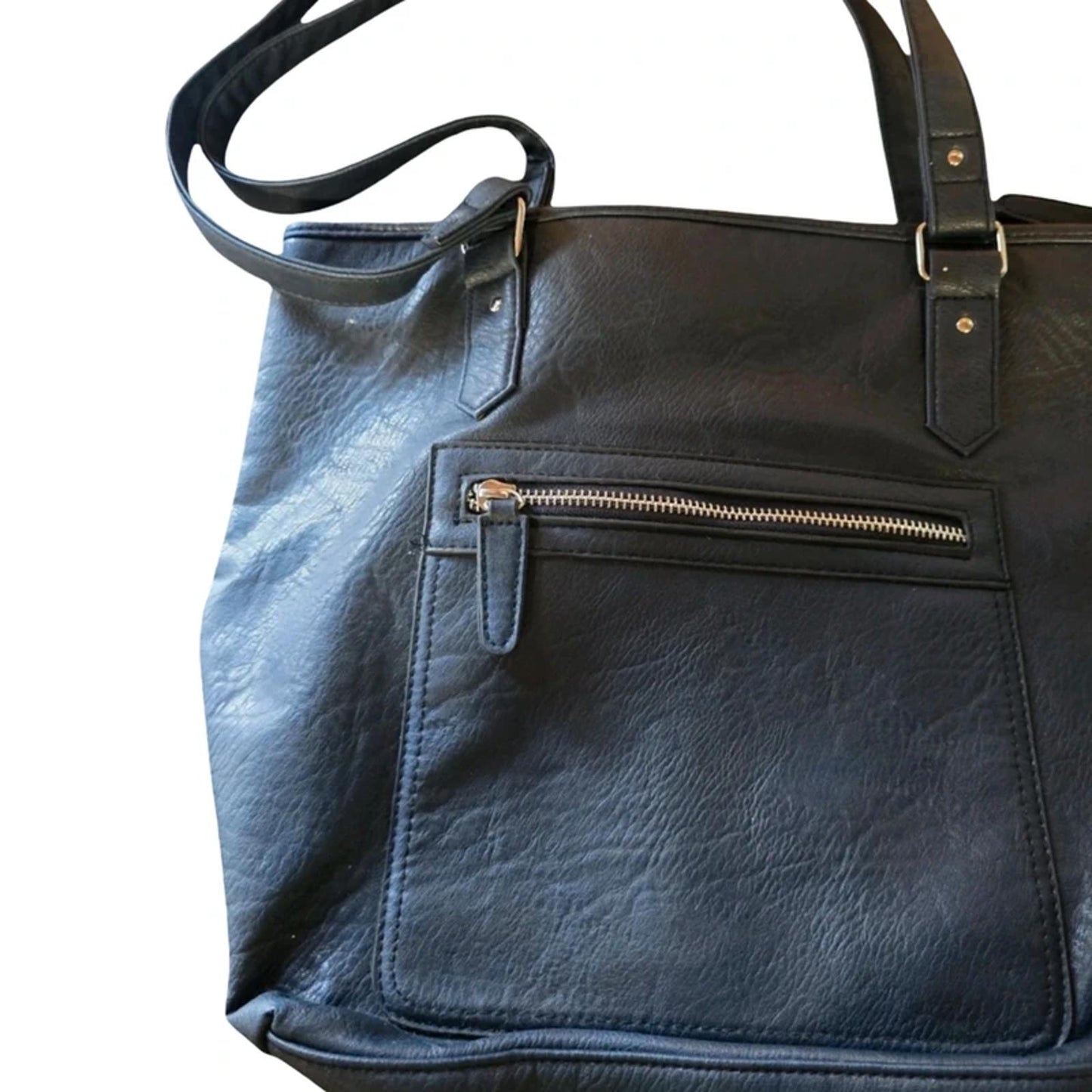 Isle Navy Faux Leather Shoulder Tote Bag With Outer Zip Pocket
