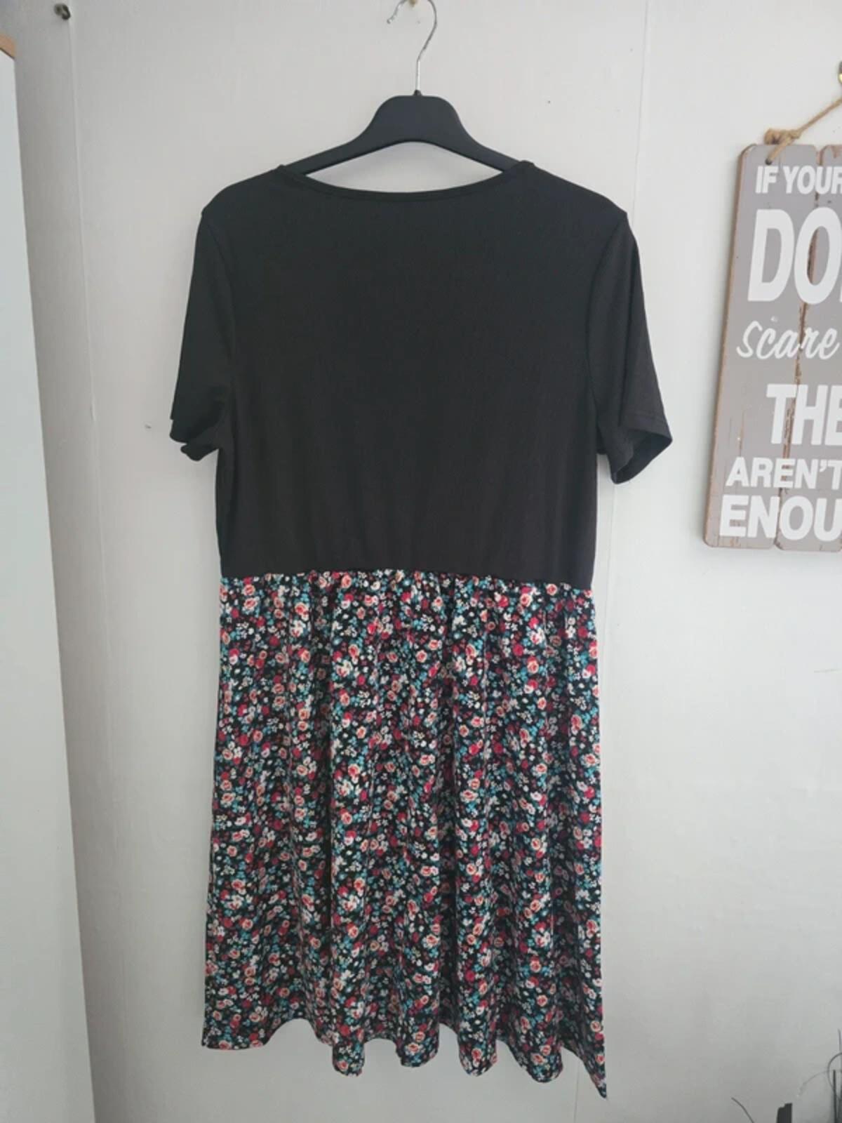Shein Black Multicoloured Floral Flared Knee-Length Dress XL Size 16-18