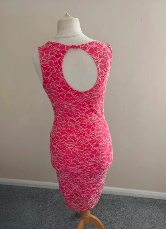 Lipsy London Pink & White Lace Bodycon Dress Size 12 Sequin Detail Occasion Wear
