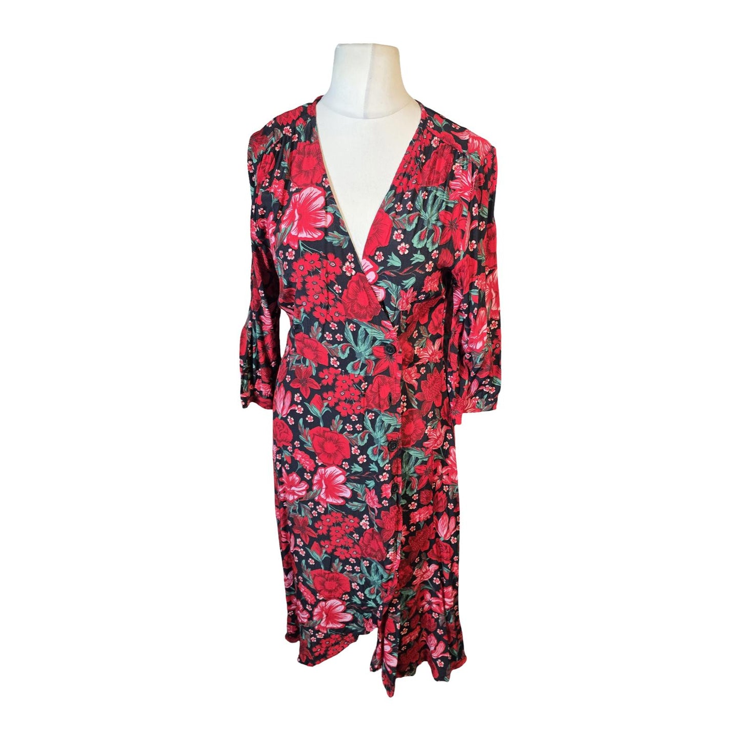 Monki Red Floral Wrap Style Dress – 3/4 Sleeve, Knee to Midi Length – UK size 10