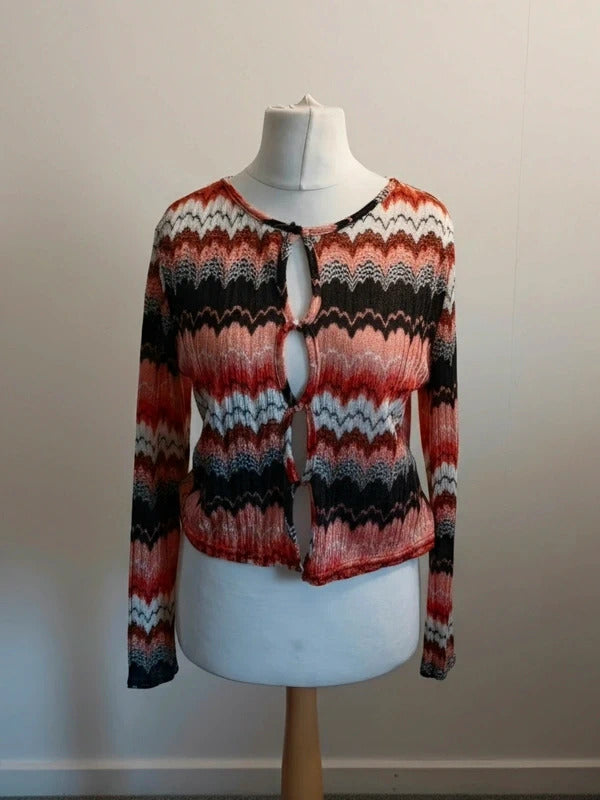 Missguided Orange, Cream & Brown Patterned Cropped Cardigan Top – Size 18
