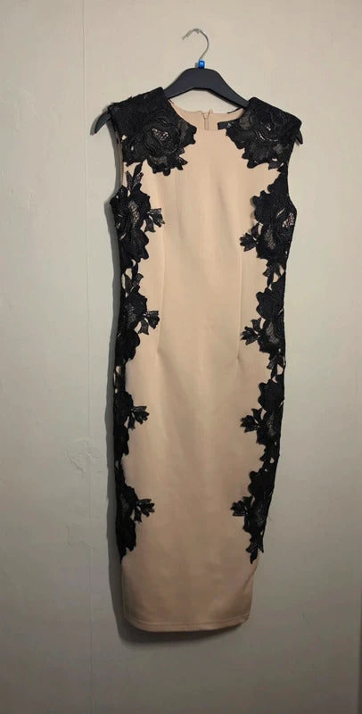 AX Paris Beige & Black Floral Lace Bodycon Midi Dress – Size 8