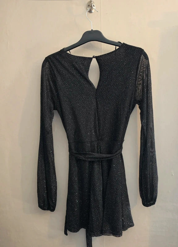 Quiz Black & Silver Sparkle Long-Sleeved Flared Playsuit Size 8 New