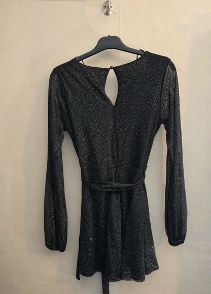 Quiz Black & Silver Sparkle Long-Sleeved Flared Playsuit Size 8 New