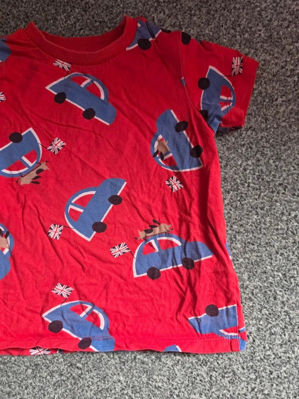 George Boys Red Blue Car & Union Jack Dog Print Short Sleeve T-Shirt Age 2-3 Years