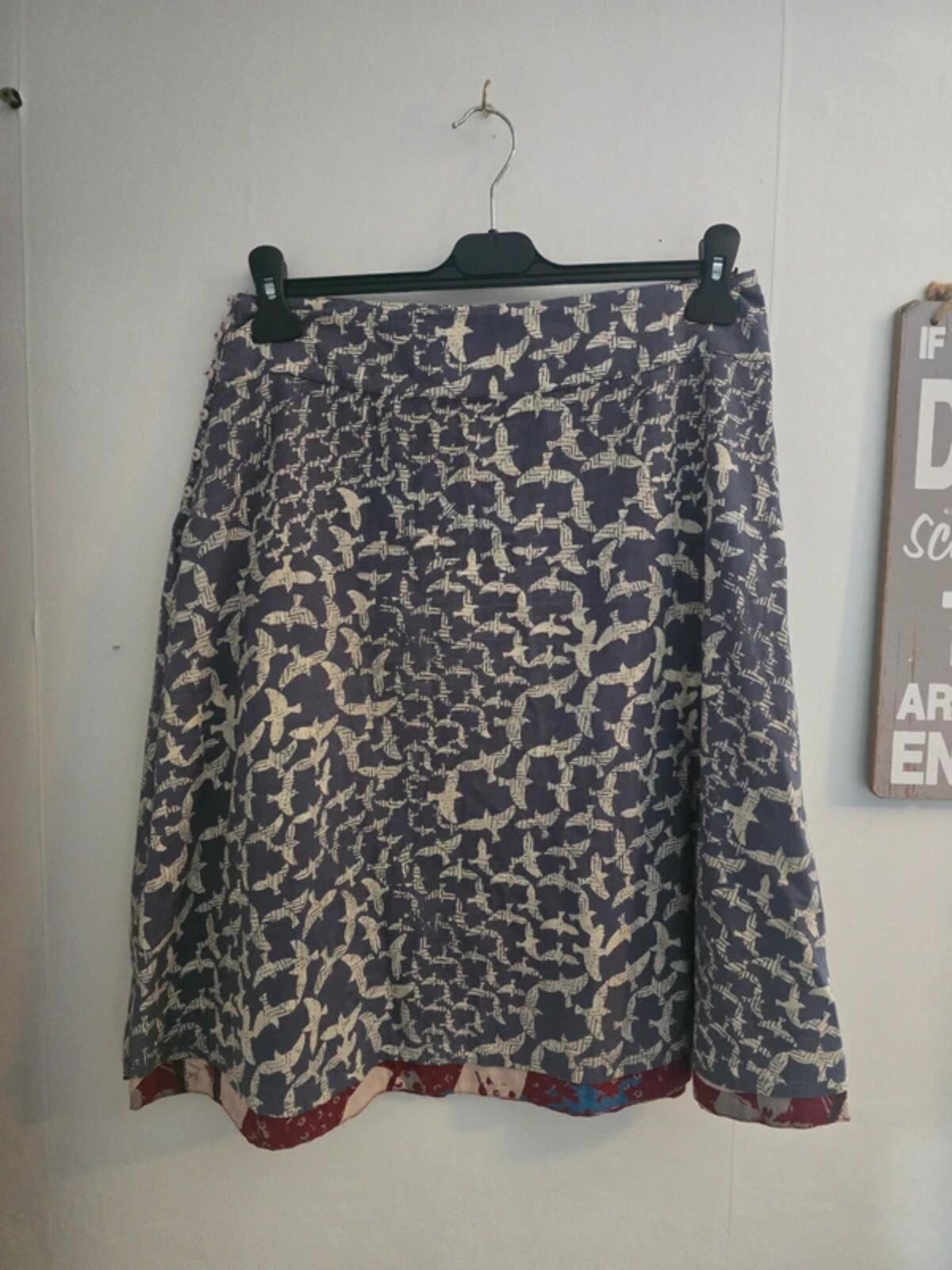 White Stuff Reversible Knee Length Skirt 10 Blue Bird Print Burgundy Floral