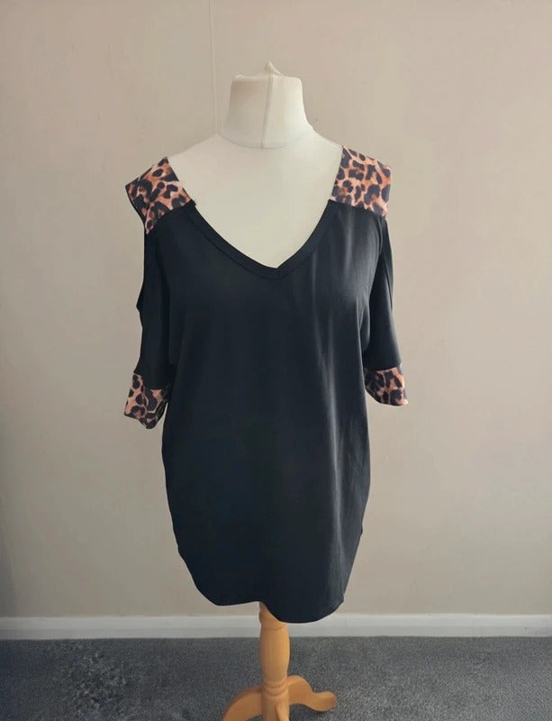 Black & Leopard Print Animal Trim Cold-Shoulder V-Neck Top L (Suits Size 16-18)