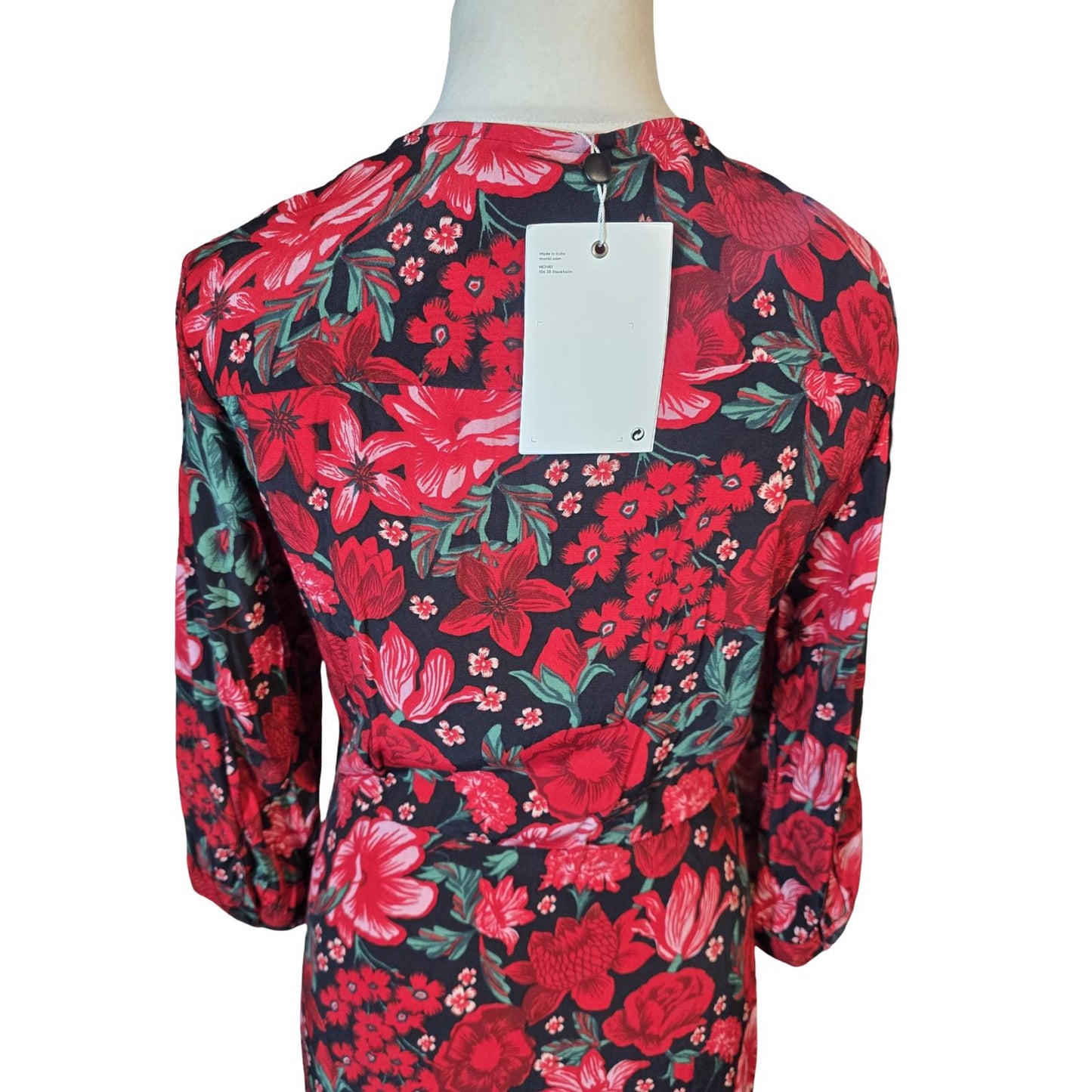 Monki Red Floral Wrap Style Dress – 3/4 Sleeve, Knee to Midi Length – UK size 10