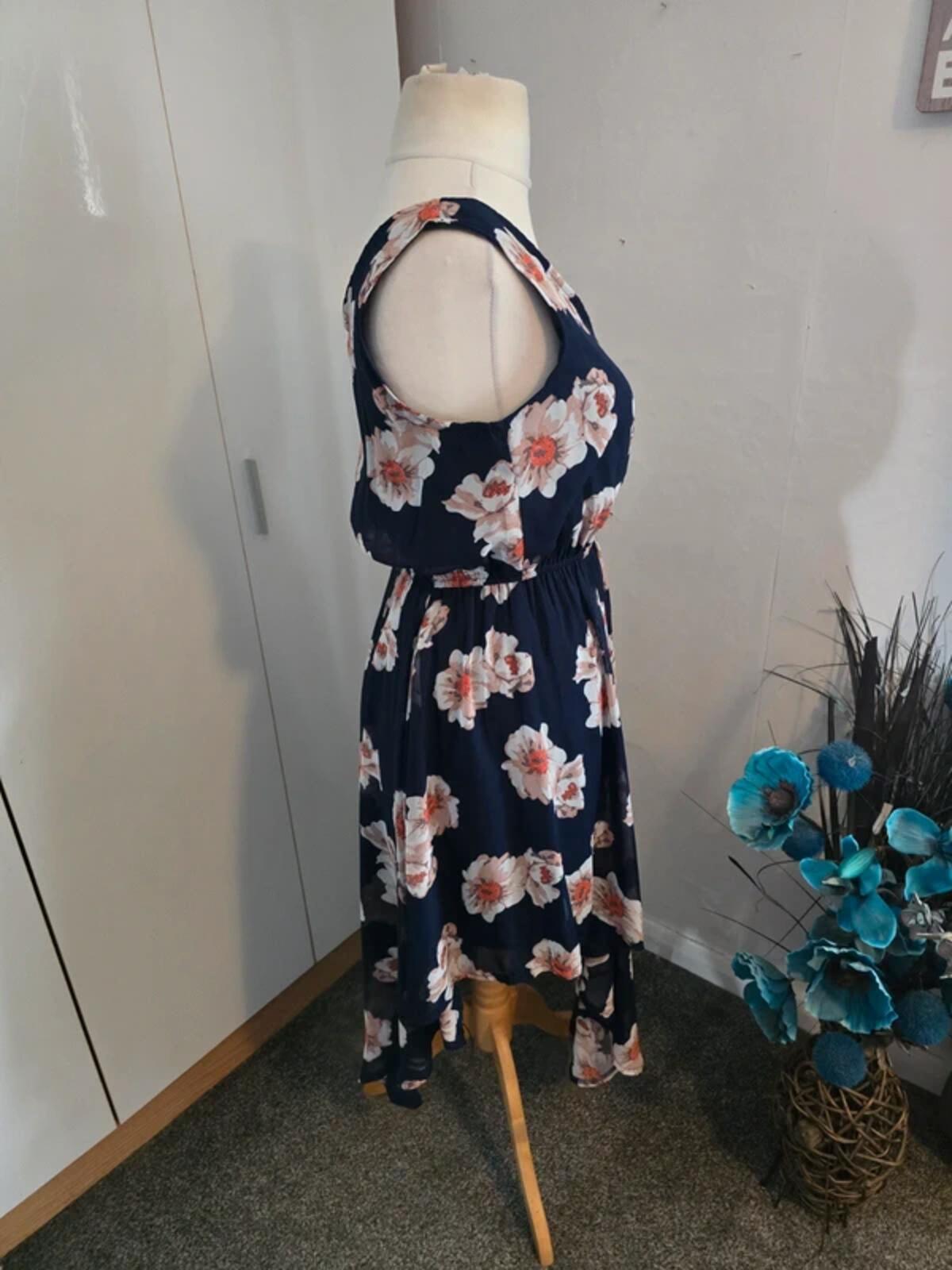 Apricot Navy Floral Asymmetric Midi Dress Size 12 Sleeveless High Low Hem