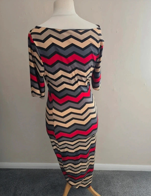 Louche Grey Red and Beige Zigzag Bodycon Maxi Dress Size 10