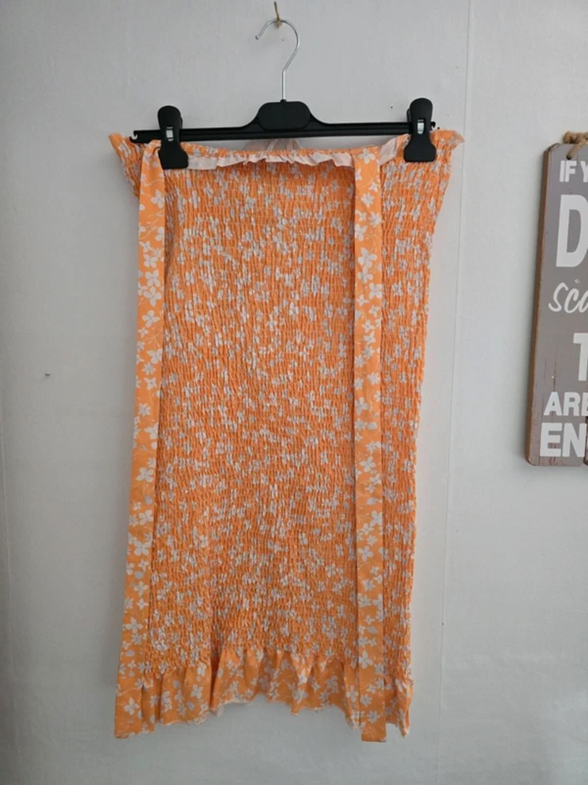 Orange White Floral Shirred Mini Dress Size 8 Small Bodycon Tie Straps