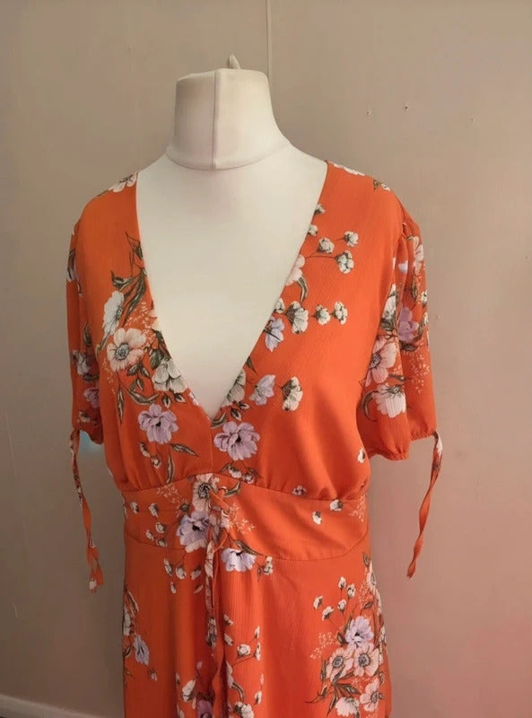 New Look Orange Floral V-Neck Corset Front Midi Dress - Size 16