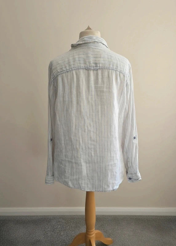 Marks & Spencer White, Purple & Beige Striped Flax Linen Long-Sleeved Shirt  20