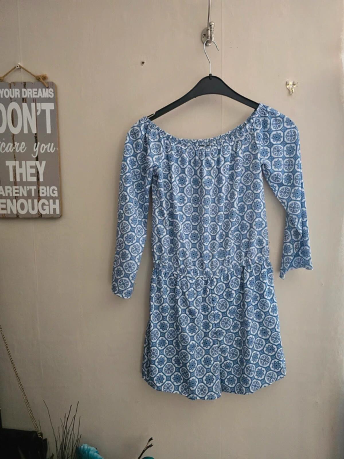 Boohoo Blue & White Patterned Off Shoulder Playsuit 3/4 Sleeves Size 10