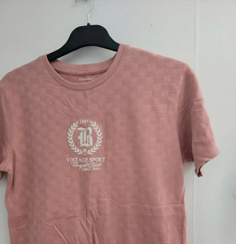 Primark Boys Pale Pink Embossed Checkerboard Vintage Sport T-Shirt Age 11-12 Years