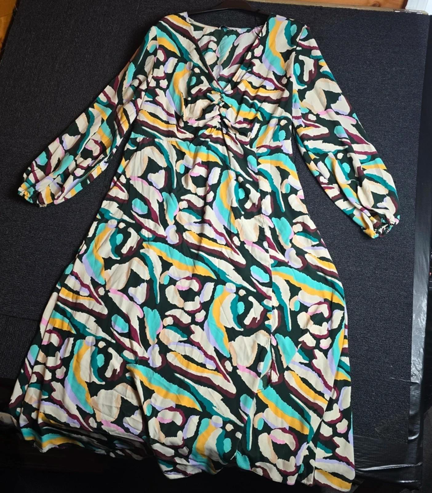 Tu Abstract Print Midi Dress Multicolour Size 22 Ruched Front Slit