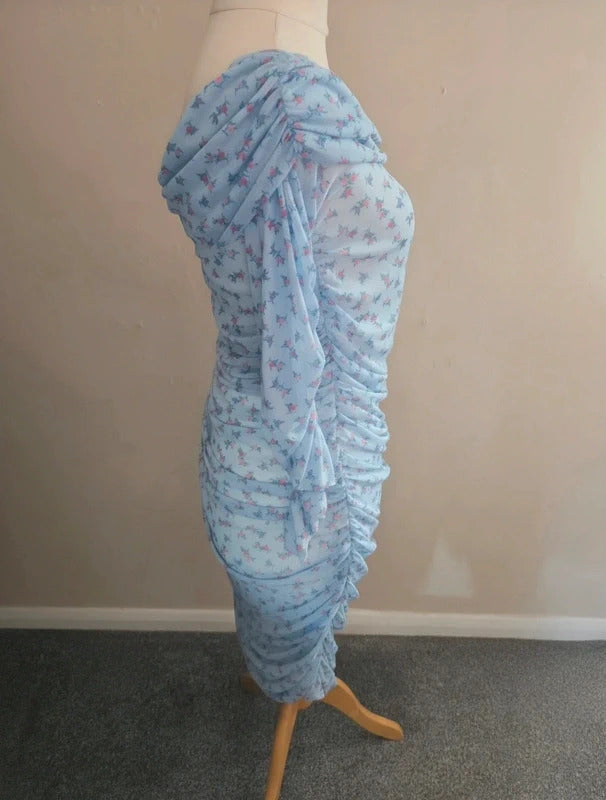 Boohoo Light Blue Floral Off The Shoulder Midi Dress Size 12