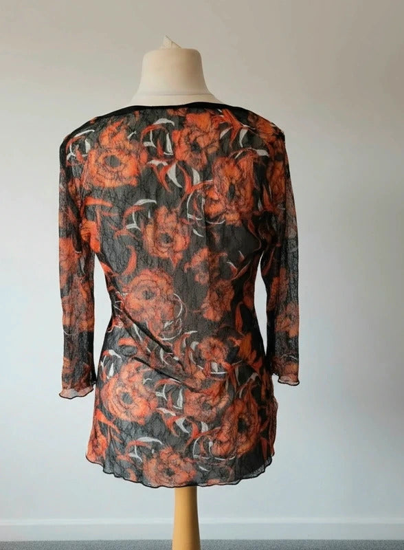 Per Una Black & Orange Floral Sheer Blouse Top – Size 16