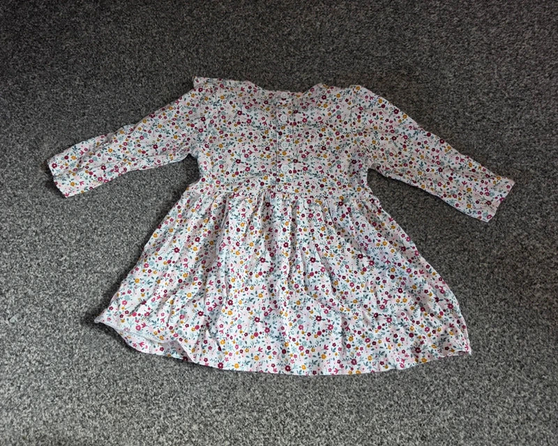 Matalan Baby Girls White Floral Frill Long Sleeve Cotton Dress 6-9 Months