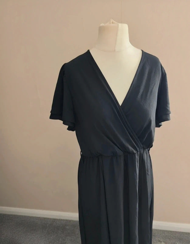 Shein Droimp Black V-Neck Wrap Short Sleeved Maxi Dress  XL Size 16
