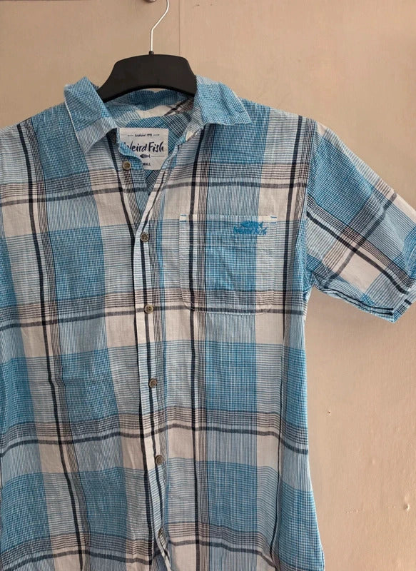 Weird Fish Men's Blue Checked Short Sleeve Cotton Shirt Size Small