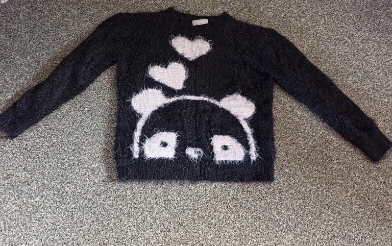 Matalan Girls Black Fluffy Eyelash Knit Panda & Hearts Jumper Age 9 Years