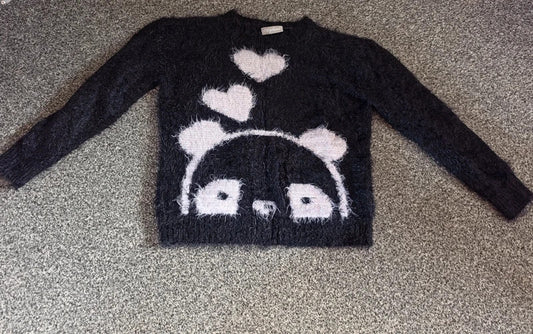 Matalan Girls Black Fluffy Eyelash Knit Panda & Hearts Jumper Age 9 Years