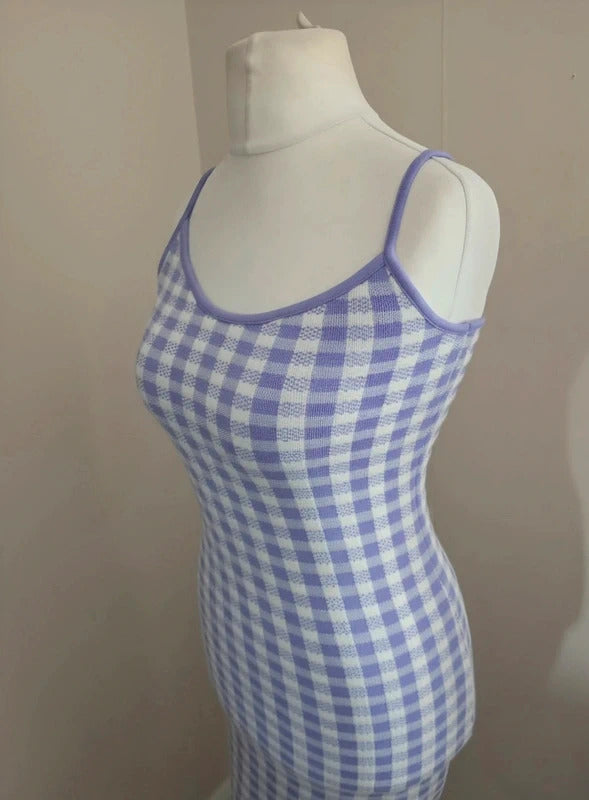 Primark Lilac & White Gingham Sleeveless Bodycon Mini Dress Size 10-12 (M)