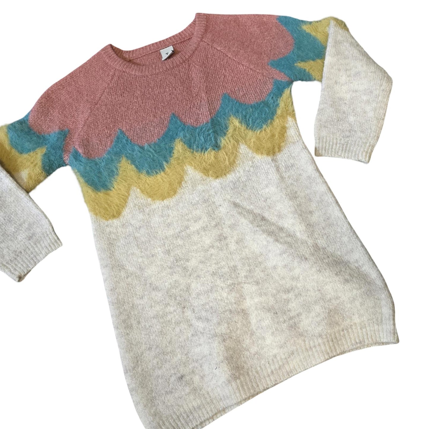 Tu Girls Knitted Jumper Dress – Colour Block Scallop Pattern – Age 2–3