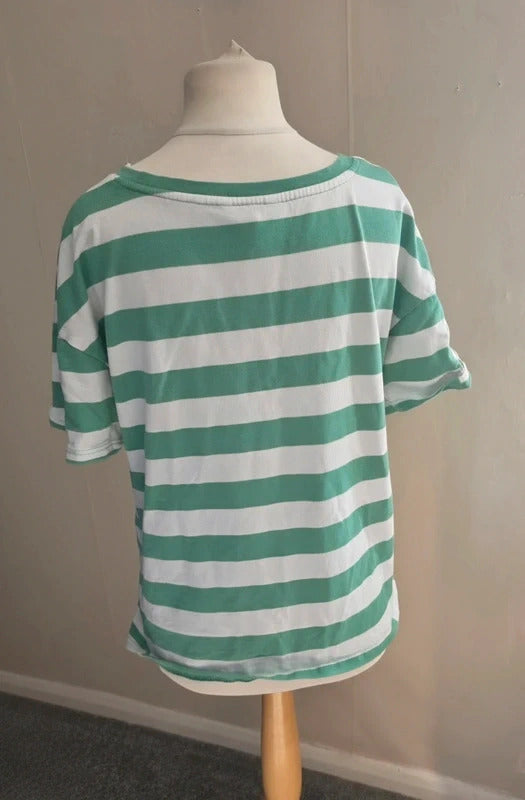 Next Green & White Striped V-Neck Boxy Cotton T-Shirt Size 14
