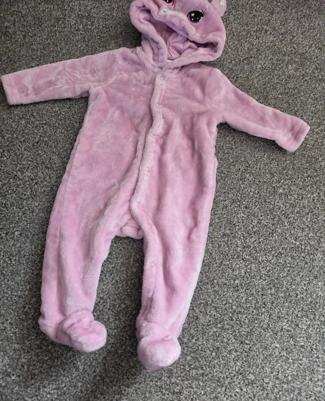 Bluezoo Baby Girls Pink Fluffy Fleece Unicorn Hooded All-In-One Sleepsuit 3-6 Months