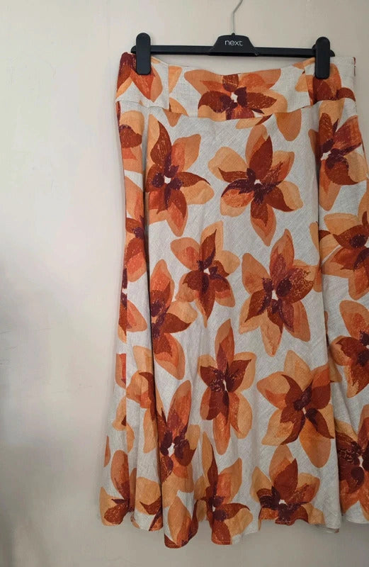 Kaliko Women's Orange & Cream Floral Linen Midi Skirt Size 16