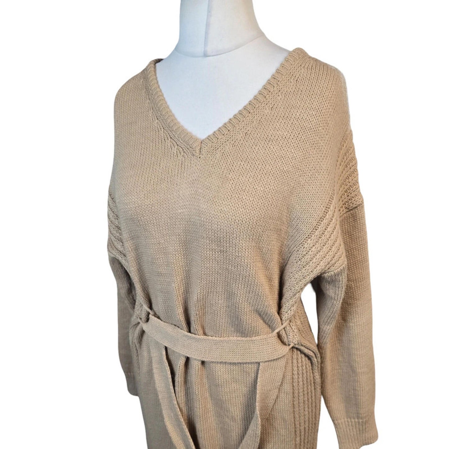 Boohoo Beige Knitted Midi Jumper Dress Size 12 Belted Cosy Winter