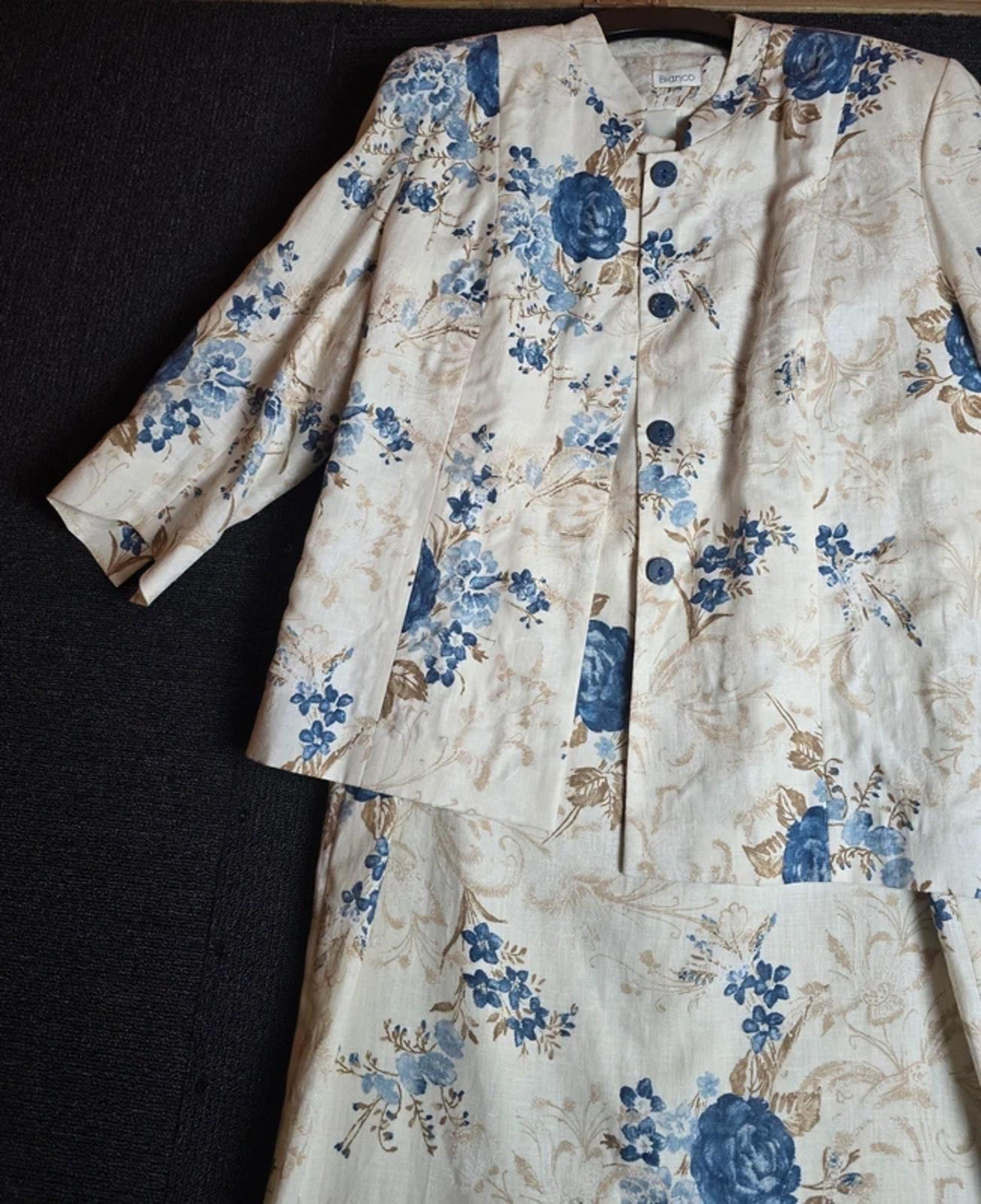 Bianco Mother of the Bride/Groom Cream Blue Floral Linen Dress & Blazer Set  Size 14