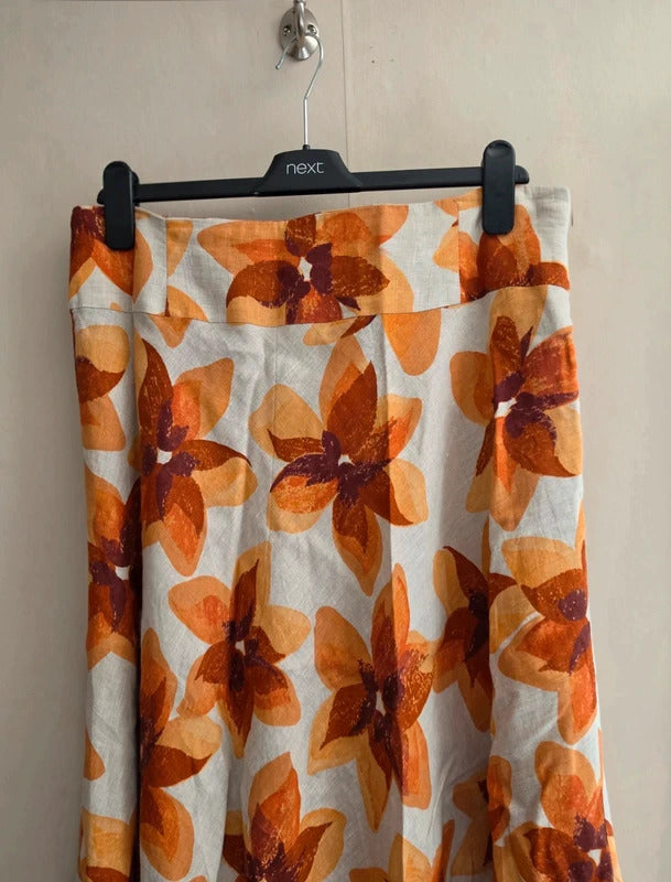 Kaliko Orange & Cream Floral 100% Linen Lined Midi Skirt Size 16