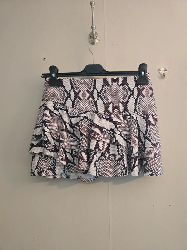 I-X London Brown & White Snakeskin Print Frill Mini Skort Size 8