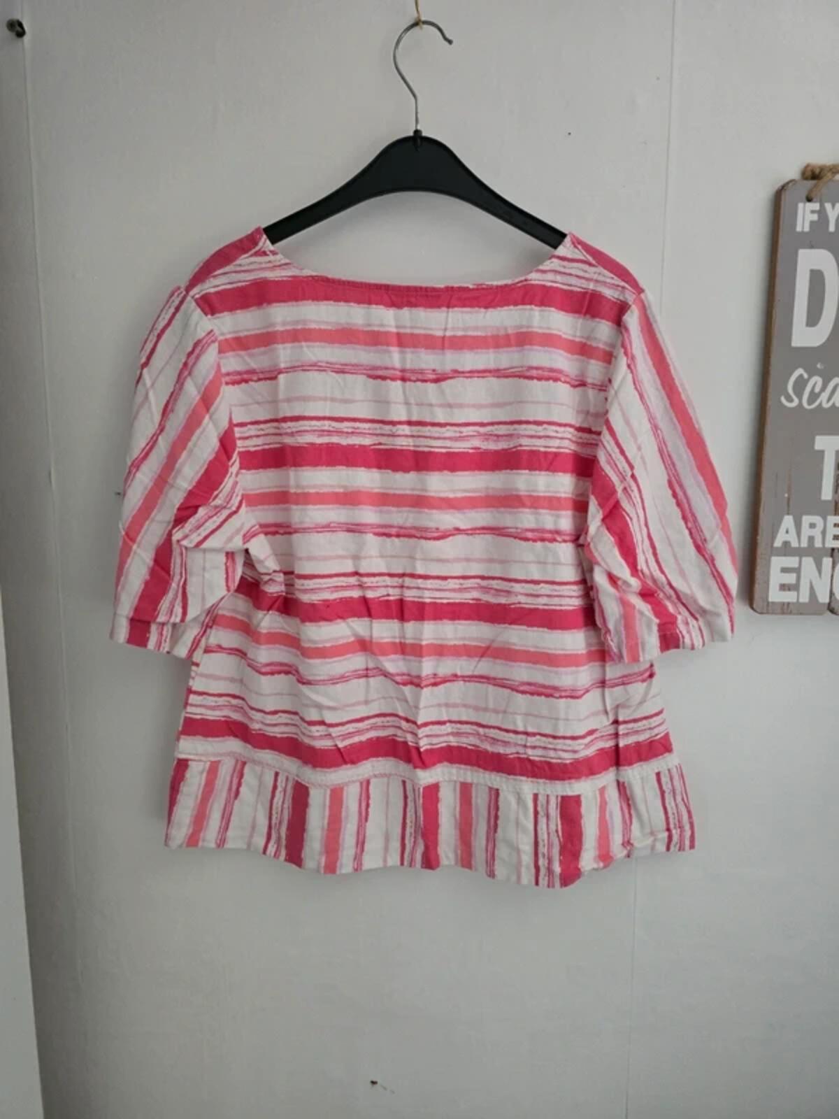 Cotton Traders Pink & White Striped Short Sleeved Top - Size 14