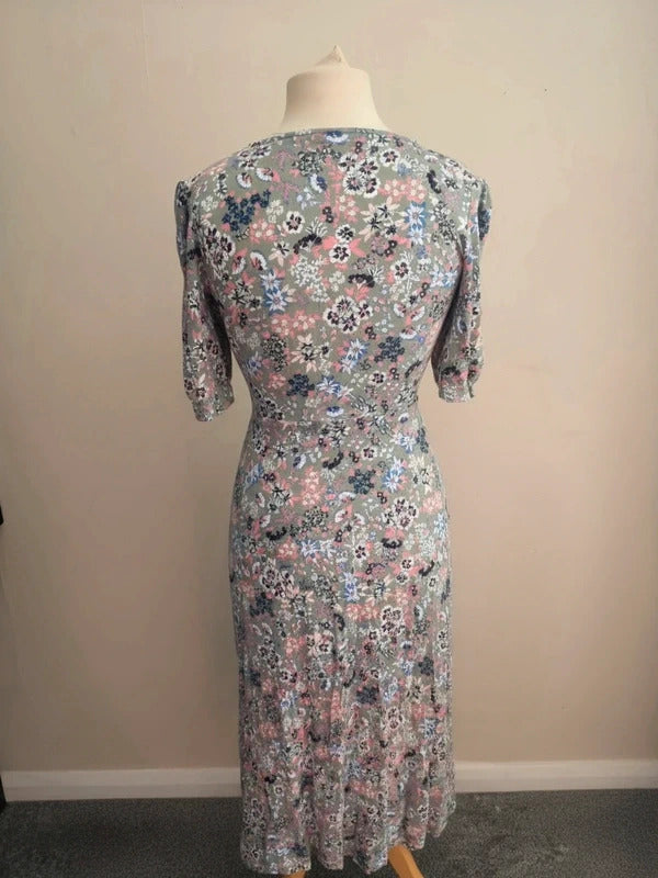 Marks & Spencer Sage Green & Pink Floral Puff Sleeve Midi Dress Size 10