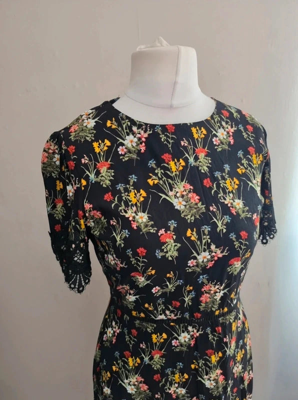 Oasis Black Floral Lace Detail Dress Size 10