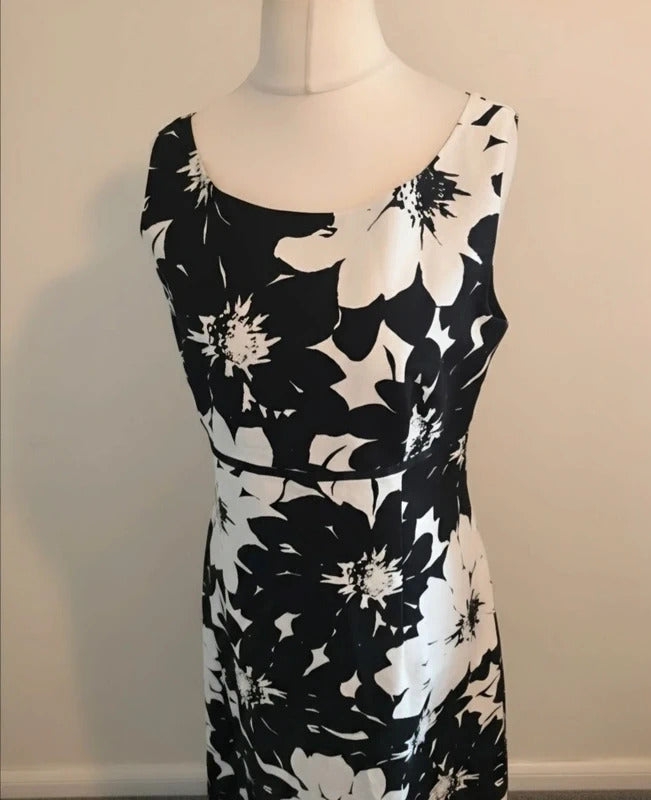 Laura Ashley Monochrome Cotton-Linen Floral Midi Dress Size 14