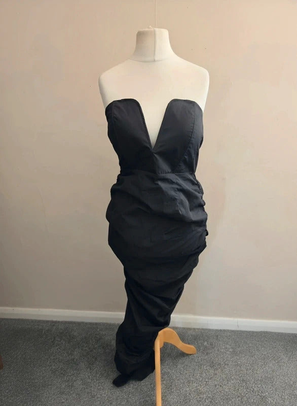 Boohoo Black Corset Sweetheart Plunge Ruched Side Split Maxi Dress NWT Size 12