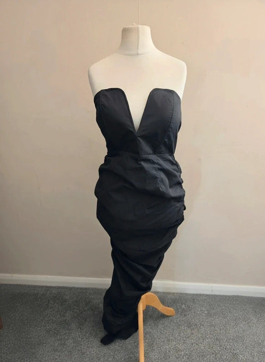 Boohoo Black Corset Sweetheart Plunge Ruched Side Split Maxi Dress NWT Size 12