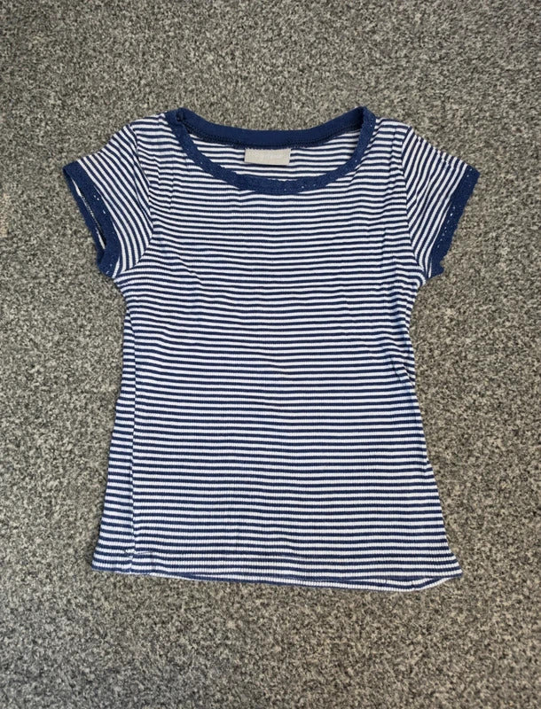 Matalan Girls Navy Blue & White Fine Striped Short Sleeve Ribbed T-Shirt Age 4-5 Years