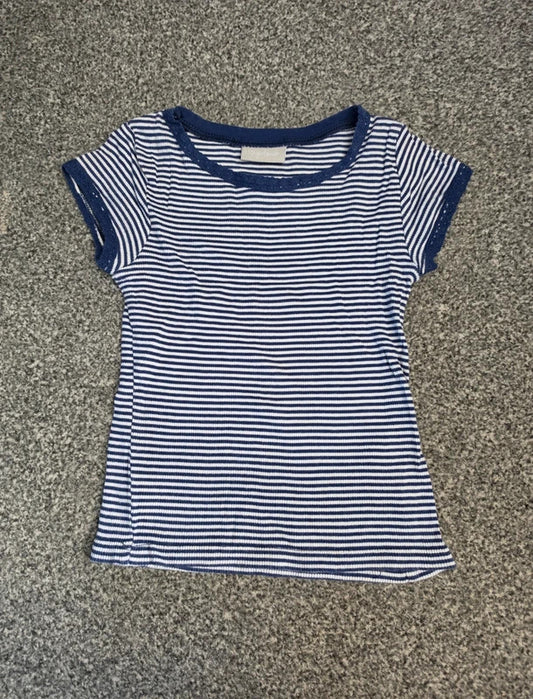 Matalan Girls Navy Blue & White Fine Striped Short Sleeve Ribbed T-Shirt Age 4-5 Years