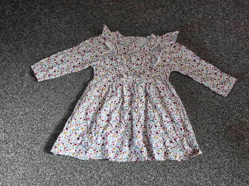 Matalan Baby Girls White Floral Frill Long Sleeve Cotton Dress 6-9 Months