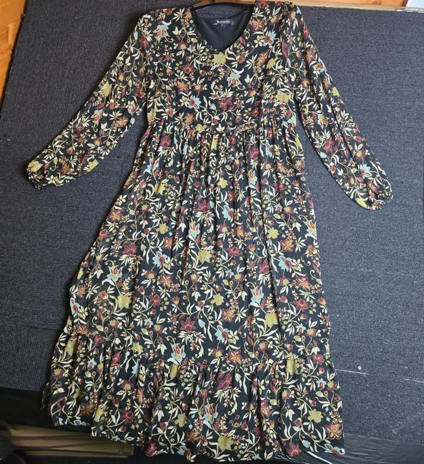 Bonmarché Floral Midi Dress Black Multi Colour Size 12 Long Sleeve