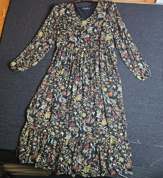 Bonmarché Floral Midi Dress Black Multi Colour Size 12 Long Sleeve