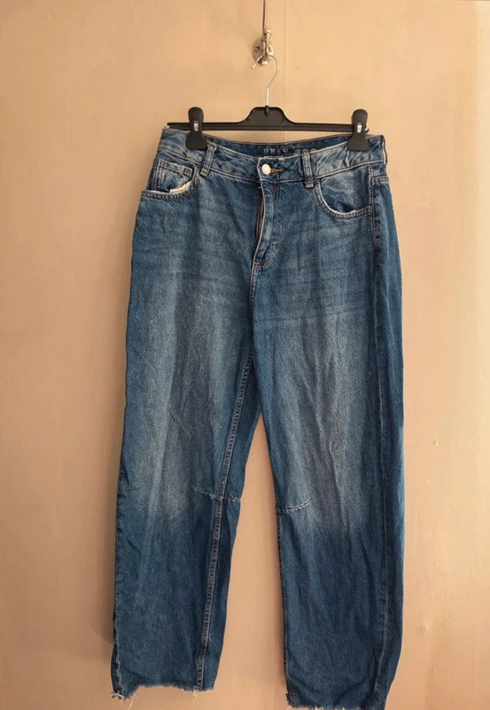 Primark Blue High-Waisted Frayed Hem Straight Leg Jeans Size 10