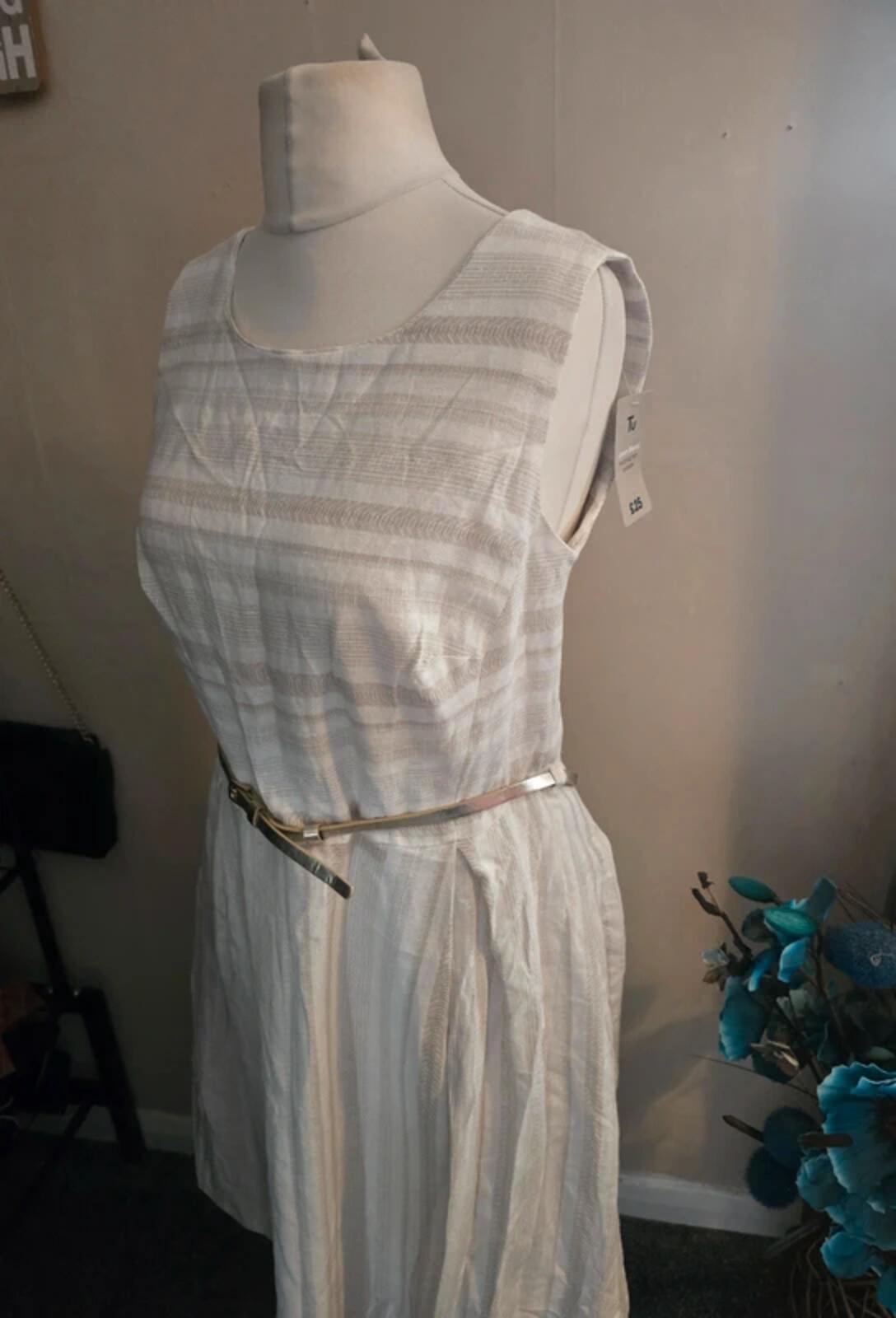 TU Beige & Cream Striped Sleeveless Knee Length Dress Gold Belt Size 14 NWT