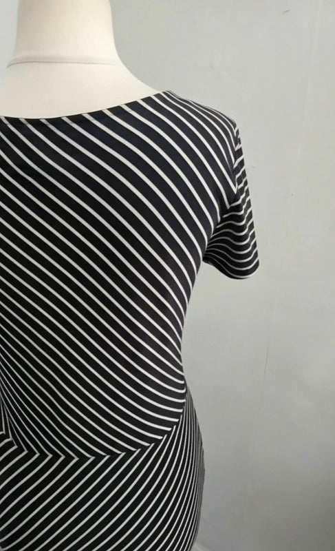 Laura Ashley Women's Black & Beige Striped Ruched Knot Front Midi Dress Size 14